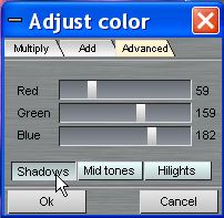 advanced tab of color adjustments for midtones and shadows
